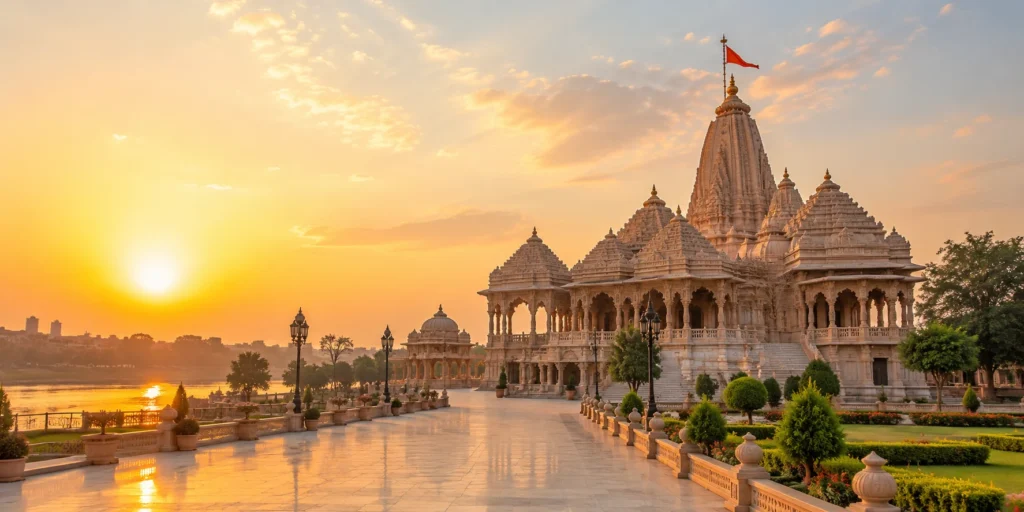 Ram Mandir Ayodhya at sunrise with temple architecture and peaceful spiritual surroundings