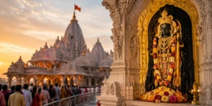 Devotees waiting in line for Ram Lalla Darshan at the grand Ram Mandir in Ayodhya during sunset, with the idol of Lord Ram adorned with flowers and traditional decorations.