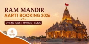 Ram Mandir Aarti Booking 2026 guide showing Ayodhya Ram Mandir with online pass registration, Aarti timings, and visitor information