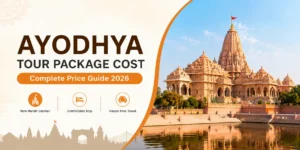 Ayodhya tour package cost guide featuring Ram Mandir temple with travel and pilgrimage package information for visitors in 2026.