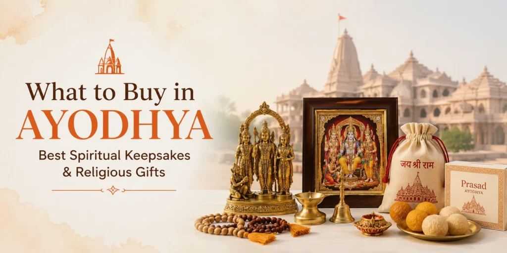 What to buy in Ayodhya near Ram Mandir featuring Ram Lalla idols, brass puja items, Tulsi mala, devotional gifts, and spiritual keepsakes.