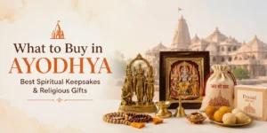 What to buy in Ayodhya near Ram Mandir featuring Ram Lalla idols, brass puja items, Tulsi mala, devotional gifts, and spiritual keepsakes.