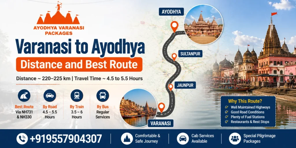 Varanasi to Ayodhya distance and best route map with travel time, NH731 route, Ram Mandir and Kashi Vishwanath journey | AYODHYA VARANASI PACKAGES