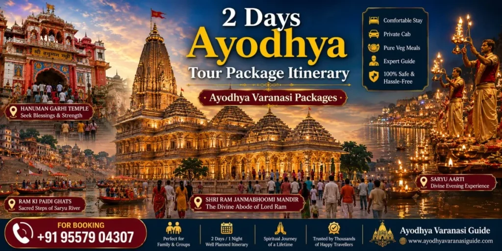 2 Days Ayodhya Tour Package Itinerary travel banner featuring the illuminated Shri Ram Janmabhoomi Mandir, Hanuman Garhi Temple, Ram Ki Paidi on the Saryu River, and the evening Saryu Aarti with glowing diyas.