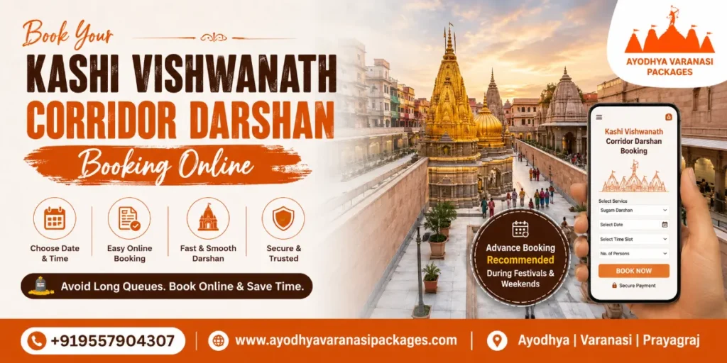 Kashi Vishwanath Corridor darshan booking online banner showing the temple corridor, official booking concept, AYODHYA VARANASI PACKAGES branding, and contact number +91 9557904307.